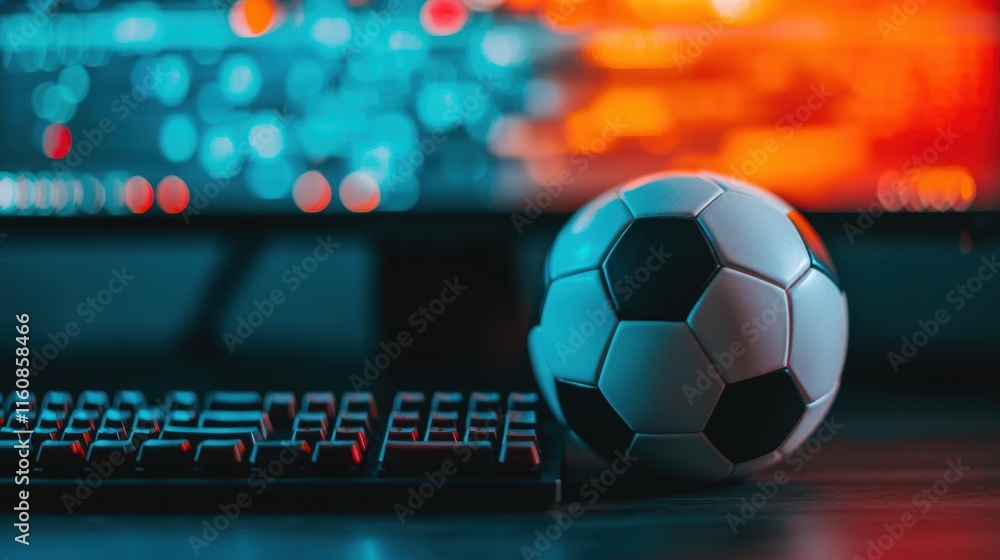 Poster soccer ball next to computer keyboard in modern gaming setup