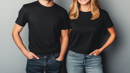 black t-shirt front and back mockup used as design template, isolated on background. 