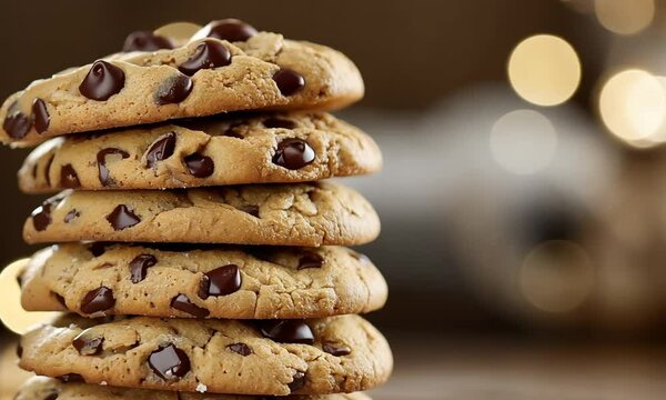 chocolate chip cookies on a plate with bokeh background