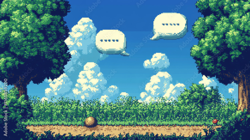 Poster 8bit pixel speech bubbles and message dialog boxes, vector icons for computer game. chat speech bubb