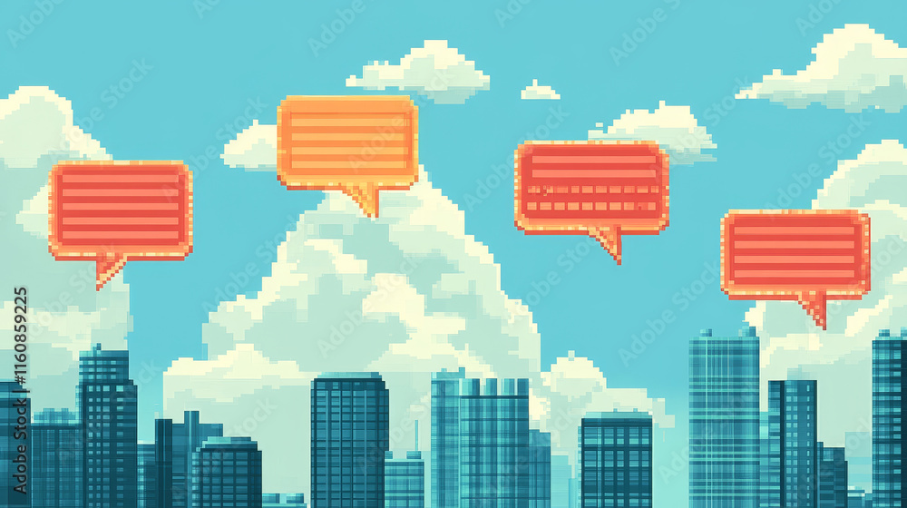 Poster 8bit pixel speech bubbles and message dialog boxes, vector icons for computer game. chat speech bubb