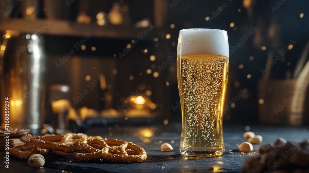 Poster Refreshing Beer with Pretzels in Cozy Dimly Lit Bar Setting