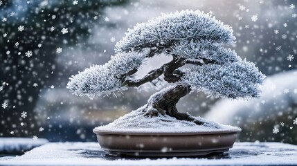Frosty bonsai tree in winter snowfall. (2)