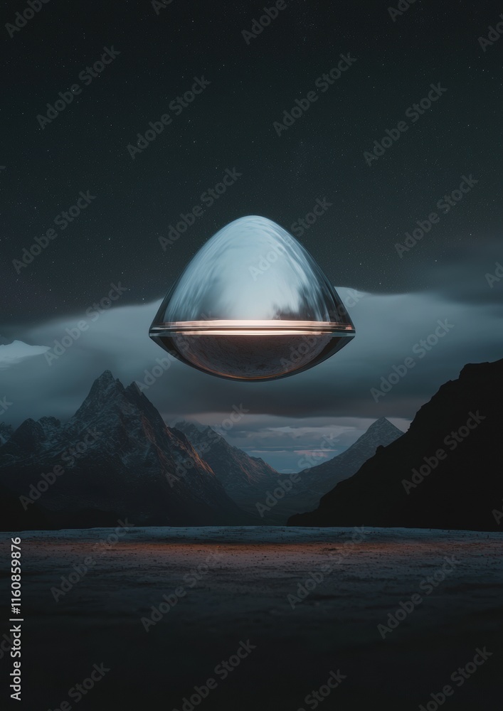 Poster a silver object is floating in the sky above a mountain range