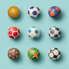 Colorful Collection of Soccer Balls on a Turquoise Background