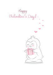 Valentine's Day vector card with mellow vibe. Flat cute little penguin holding a gift and the inscription Happy Valentine's Day, isolated on white. Flat vector greeting card, postcard for loved ones