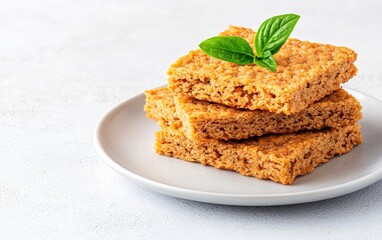 Square crispbreads stacked on a white plate with fresh mint leaves, emphasizing a simple, wholesome, and crunchy snack option for clean eating enthusiasts