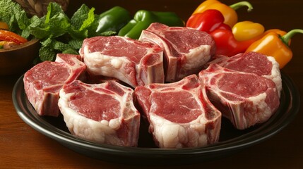 Fresh Lamb Chops on a Black Platter Surrounded by Colorful Vegetables