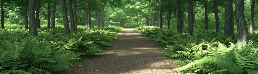 Obraz premium A serene forest path surrounded by lush greenery and ferns.