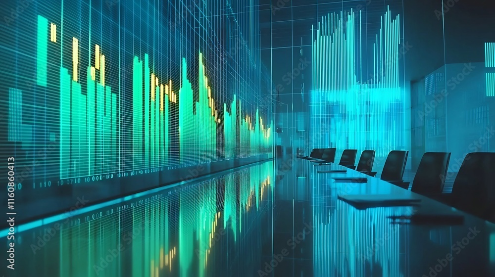 Poster futuristic financial data visualization with neon green and blue streams and graphs transparent corp