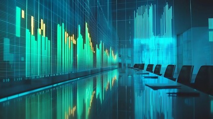 Futuristic financial data visualization with neon green and blue streams and graphs  Transparent corporate meeting scene with office interior in the background