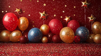 Polished 2025 on a Gleaming Red and Gold Carpet with Festive Sparkles and Star Shaped Balloons   A Luxurious and Glamorous Backdrop for a Modern High End Party or Event