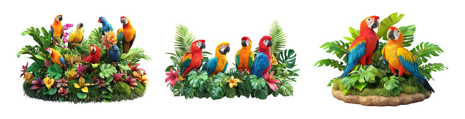 Colorful Tropical Birds and Lush Plants Isolated on Background