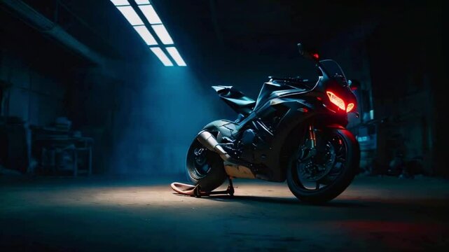 A lone superbike parked bright overhead LED light, surrounded by darkness, symbolizing isolation adventure, Japanese anime-style 4k lofi hip-hop bites landscape music background animation video