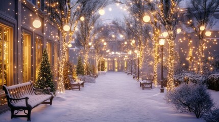 Magical Winter Pathway with Festive Lights and Snowy Trees