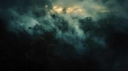 Obraz premium Dark, moody clouds shroud a mysterious forest.