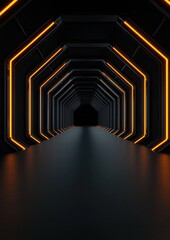 A long, dark tunnel with neon lights on the walls