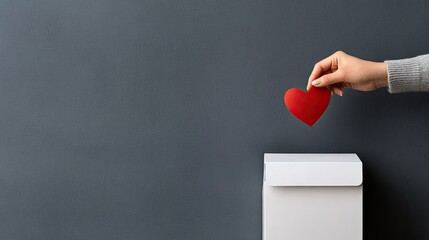 A hand carefully places a red heart-shaped paper into a white ballot box, highlighting love and connection during the Valentine's Day celebration