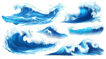 Waves vector isolated icons. Water ocean wave splash, tide water rollers, stormy curling, boiling and seething blue sea waves