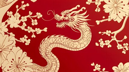 Obraz premium Ornate Dragon Motif Surrounded by Delicate Cherry Blossoms and Elegant Floral Designs Against a Bold Crimson Background
