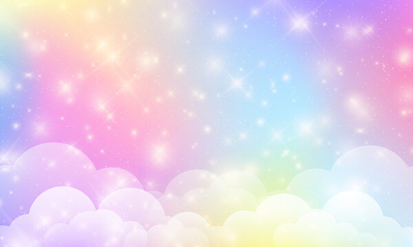 Vector illustration of pastel pink rainbow unicorn background, kawaii holographic abstract space or galaxy landscape and fantasy gradient backdrop with magic mermaid sky, cloud, sparkle, glitter bokeh