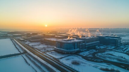 Aerial view of industrial complex at sunrise in winter.