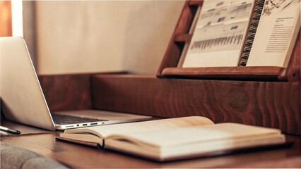 Obraz premium Cozy workspace with open notebook, laptop, and books on wooden desk