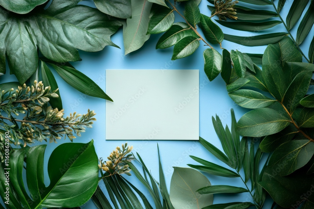 Wall mural Beautiful arrangement of green leaves surrounding a blank card on a blue background for creative projects or invitations