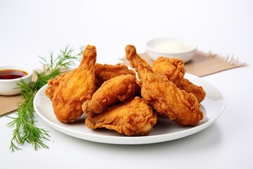 Delicious fried chicken on a white table Space for writing