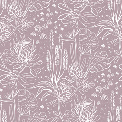 Elegant botanical seamless line pattern with protea and tropical leaves. Doodle print silhouette background. Tropical plants, exotic flowers, minimalism, monstera, floral 