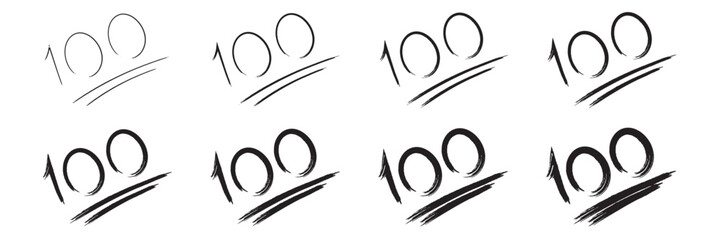 100 number hand draw brush free style design. Different style of 100 number grunge brush stroke. Hand draw 100 number brush style logo. Vector illustration. EPS 10