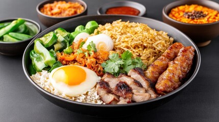 A vibrant bowl of mixed Asian cuisine with various toppings.