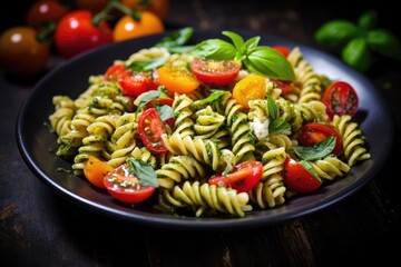 Delicious meal of Italian food Fusilli pasta salad with pesto colorful tomatoes and basil leaves on a dark wooden background