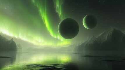 Alien landscape with green aurora borealis and two planets.