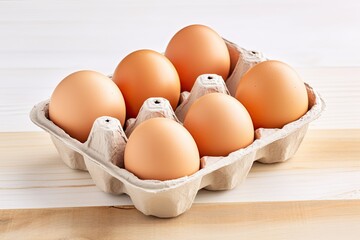 Eggs. Detailed perspective of fresh chicken eggs in container on clean wooden surface