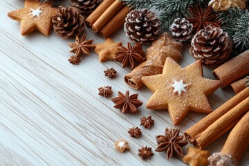 Christmas cookies decorated with stars, cinnamon, and pine cones create a festive winter atmosphere