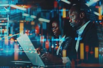 Black business team using laptop for finance research and trading.