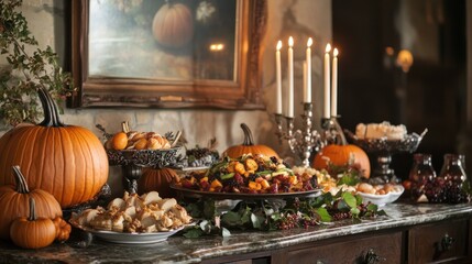 Autumn harvest buffet with pumpkins, candles, and food.