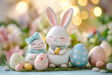 Adorable Easter Bunny with Eggs in Pastel Colors