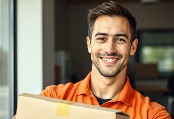 A smiling delivery worker with a professional background