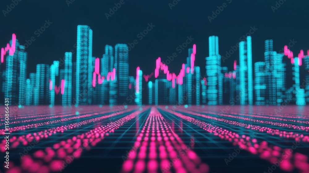 Poster futuristic city skyline with digital graphs and data visualizations