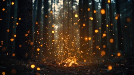 Magical fire sparks in dark forest.