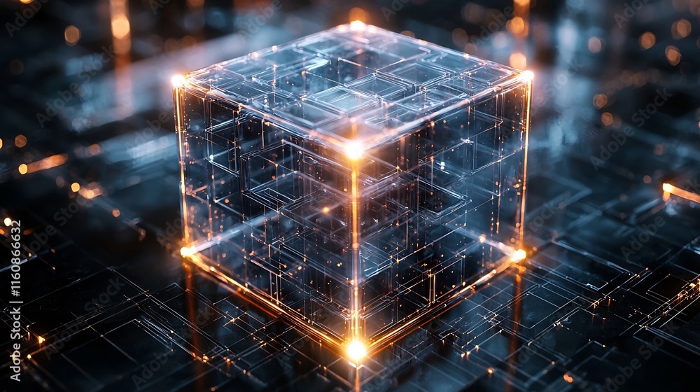 Poster glowing transparent 3d cube structures interlacing to form an intricate digital lattice network crea