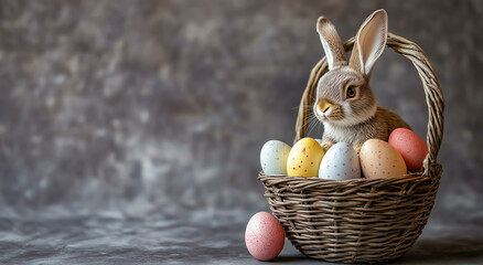 Cute Bunny sits in Basket with Easter Eggs