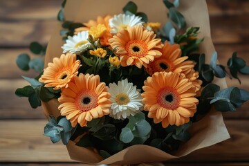 Fototapeta premium Bright bouquet of orange gerbera daisies and white flowers arranged with greenery