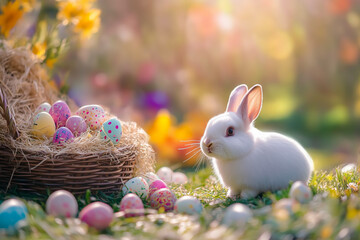 Adorable Easter Bunny with Colorful Eggs in Spring Garden