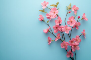 Naklejka premium Pink cherry blossoms arranged artistically against a light blue background create a serene and cheerful atmosphere in spring