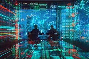Teamwork analyzing stock market data with hologram candlesticks for business analysis.
