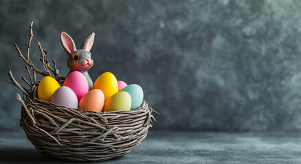 Easter Basket with Bunny and Colorful Eggs