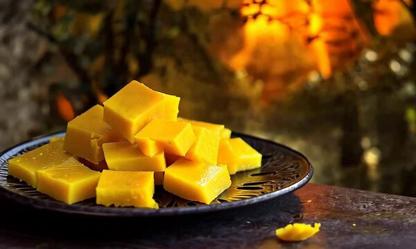 Indian burfi sweets in a black plate near burning logs,  Bhogi festival
